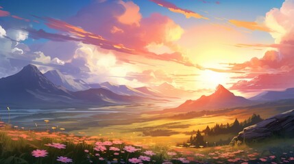 Beautiful landscape background. Cartoon summer sunrise with clouds, field, mountain and sunshine. Anime style