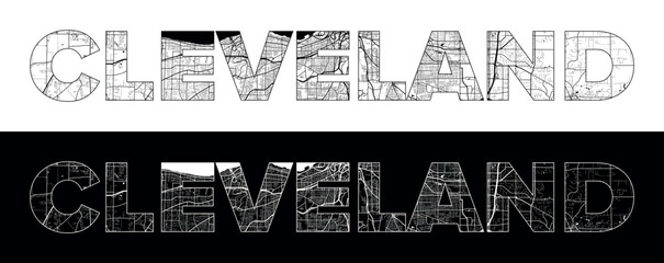 Cleveland City Name (United States, North America) with black white city map illustration vector