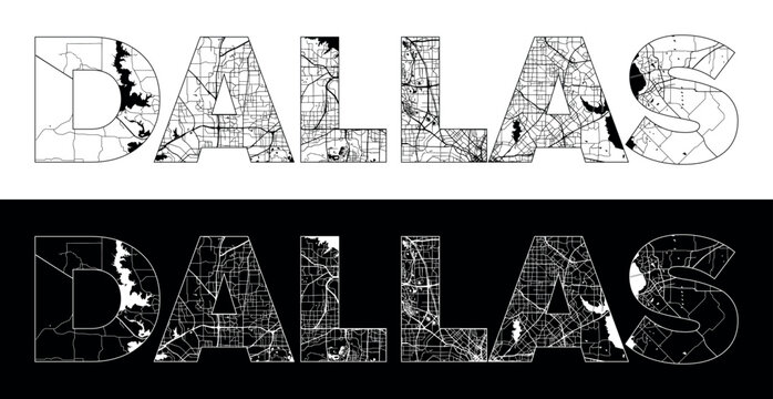 Dallas City Name (United States, North America) with black white city map illustration vector