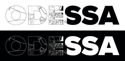 Odessa City Name (Ukraine, Europe) with black white city map illustration vector
