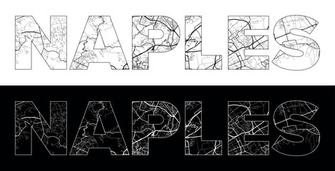 Fototapeta premium Naples City Name (Italy, Europe) with black white city map illustration vector