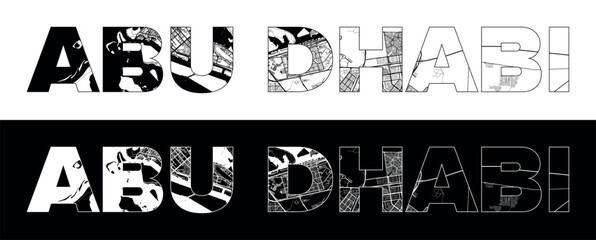 Abu Dhabi City Name (United Arab Emirates, Asia) with black white city map illustration vector