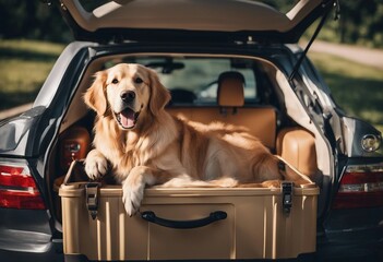 Golden retriever dog sitting in car trunk ready for a vacation trip