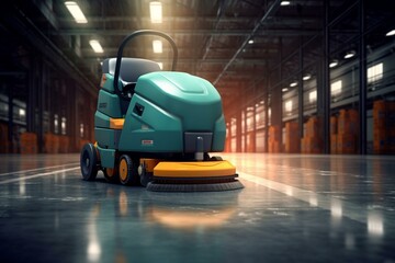 3D-rendered floor cleaning machine in a warehouse. Generative AI