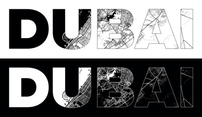 Dubai City Name (United Arab Emirates, Asia) with black white city map illustration vector