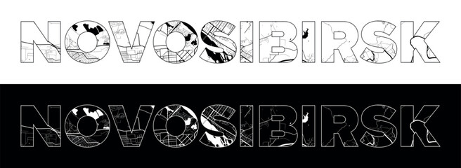 Novosibirsk City Name (Russia, Asia) with black white city map illustration vector