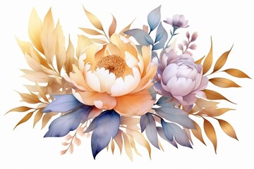 Colorful floral illustration with peony, rose, and gold leaves in watercolor style, isolated on white. Generative AI