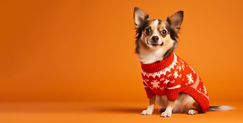 Cute little dog in a Christmas sweater on an orange background
