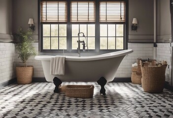 Interior design of Bathroom in Farmhouse style with Clawfoot Tub decorated with Subway Tile Wicker 