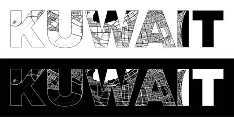 Kuwait City Name (Kuwait, Asia) with black white city map illustration vector
