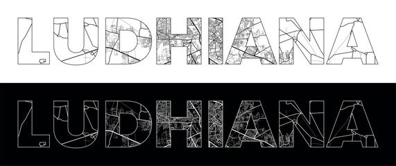 Ludhiana City Name (India, Asia) with black white city map illustration vector