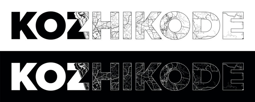 Kozhikode City Name (India, Asia) with black white city map illustration vector