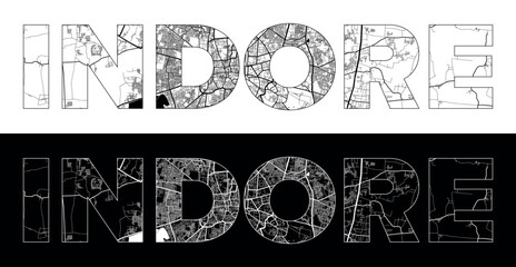 Indore City Name (India, Asia) with black white city map illustration vector
