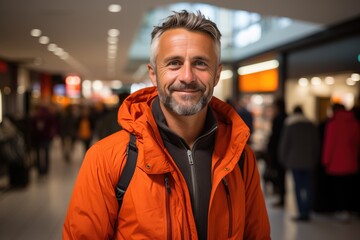 Portrait of middle age mature male in autumn jacket in a shopping center mall.