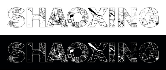 Shaoxing City Name (China, Asia) with black white city map illustration vector