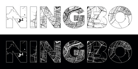 Obraz premium Ningbo City Name (China, Asia) with black white city map illustration vector