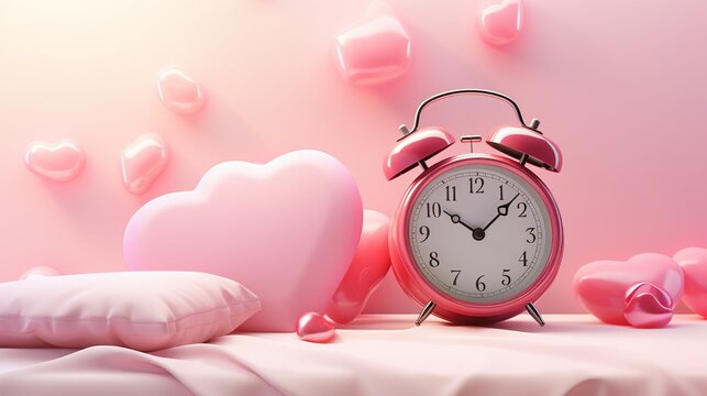 A speech bubble with hearts and an alarm clock in pink for Valentine's Day