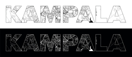 Kampala City Name (Uganda, Africa) with black white city map illustration vector