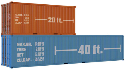 Shipping Containers 20 feet and 40 feet size. 3D Illustration  with PNG Transparent Background. Transport, storage and shipping concept.