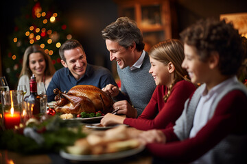 The family convenes at the Christmas table, showcasing a succulent turkey - obrazy, fototapety, plakaty