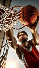 A man throwing a basketball into a net - obrazy, fototapety, plakaty
