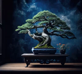 Fotobehang Serene Bonsai Tree Display in Tranquil Interior © Luismartin_fit