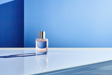 Cosmetic bottle with studio lighting in blue tones. Product photograph.