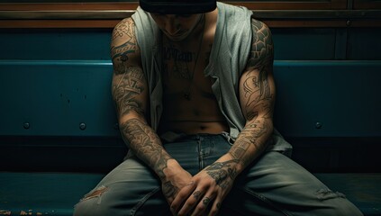 Fototapeta na wymiar Contemplative Man Adorned with Black Ink Tattoos