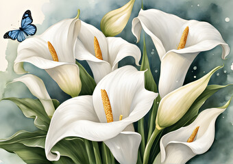 Wallpaper design with white callas and blue butterfly, watercolor background, watercolor illustration. Generative AI