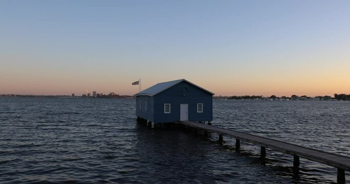 Blue Boat House at sunset on the Swan river near Kings park and botanic gardens, Perth, Western Australia
