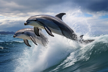 Fototapeta premium The two playful dolphins are jumping across the waves of the vast ocean at sunset sunrise, morning. Generative AI.