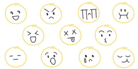 set of 11 minimal crayon emoji faces , facial expression, happy emojis