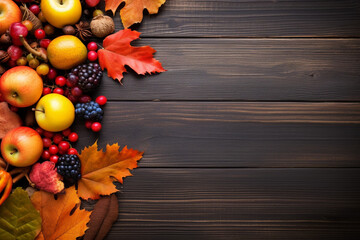 Naklejka na ściany i meble Autumn background with fruits, berries and leaves on dark wooden background