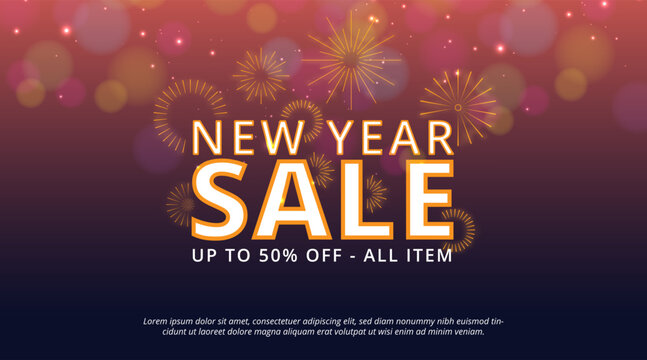 New Year Sale banner with fireworks and sparkles