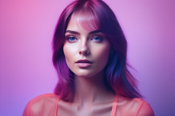 Fototapeta premium portrait of young woman with colorful makeup in purple and red colors on gradient background portrait of young woman with colorful makeup in purple and red colors on gradient background beautiful woma