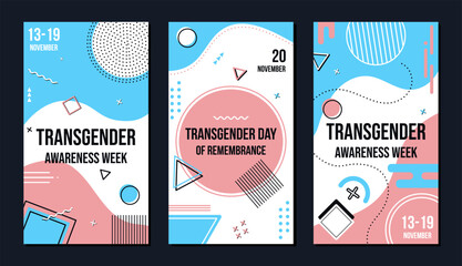 Transgender Awareness Week and Transgender Day of Remembrance. Banner set for social media stories. LGBT community and human rights event in November. Isolated vector collection. Colors of trans flag