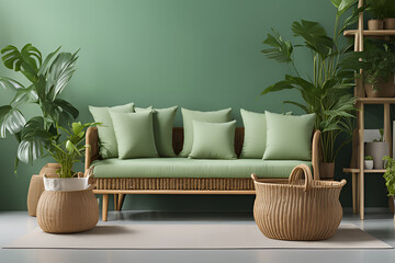 Rattan sofa with light green cushions, wicker basket and big plants against green wall with shelf. Scandinavian interior design of modern living room.