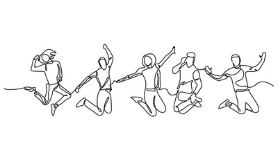Continuous line drawing of Happy Younge girl boys.Continuous line drawing. Vector illustration. The concepts of happiness and freedom are isolated on a white background.
