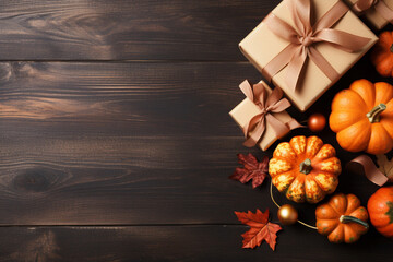 Autumn background with fruits, berries and leaves on dark wooden background