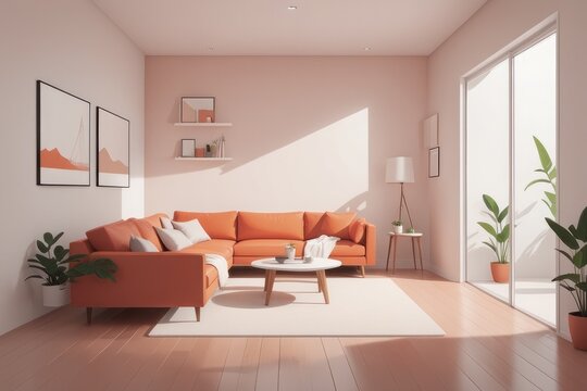 modern bright interior. 3d rendering modern bright interior. 3d rendering empty room with wooden floor and orange sofa. design concept. 3d illustration, 3d render