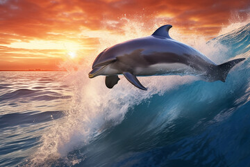 Fototapeta premium The two playful dolphins are jumping across the waves of the vast ocean at sunset sunrise, morning. Generative AI.