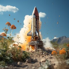 Fototapeta premium A mini rocket taking off outdoors emitting thick smoke is good for technology, business, backgrounds, wallpapers, blogs, advertising, decoration etc. Generative Ai Image