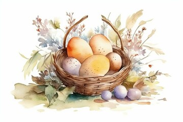 Watercolor Easter eggs, basket, flowers. Rustic still life illustration for spring decor. Generative AI