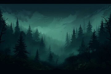 Silhouettes of trees in a misty forest with a dark green hue. Generative AI