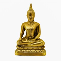 Small Buddha figurine in a tranquil pose, sitting on a platform against a white background