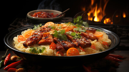 Traditional Classic Barbecued Ramen Dish in Plate on Blurry Background
