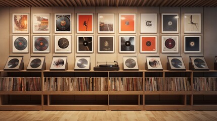 A record store housing vinyl albums, their artwork presented in a visually captivating manner on wooden racks.