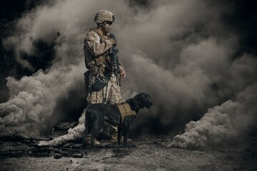 Special forces and military soldiers with dogs between smoke and gas in battlefield - obrazy, fototapety, plakaty
