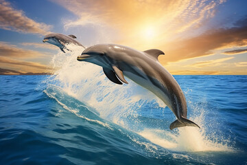 The two playful dolphins are jumping across the waves of the vast ocean at sunset  sunrise, morning. Generative AI.