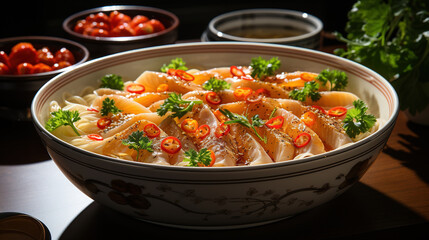 Pickled Fish Fillet in white Porcelain Bowl Golden Soup on Selective Focus Background